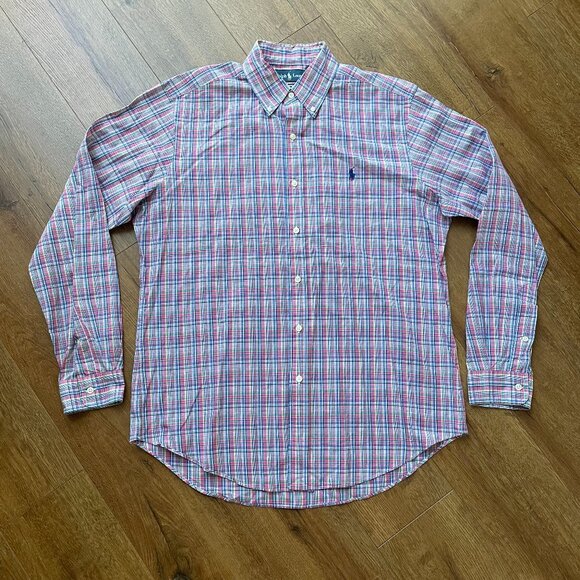 Ralph Lauren Pony Embroidered Classic Button Down Shirt Mens M Pink Green Plaid - Picture 1 of 9